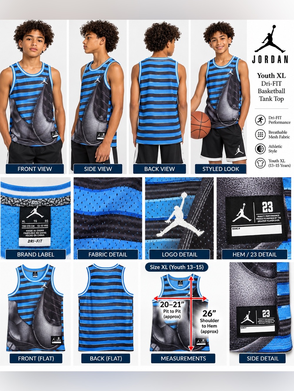 Jordan Dri-FIT Boys XL 13-15 Basketball Jersey Tank Top Blue Black Jumpman 23